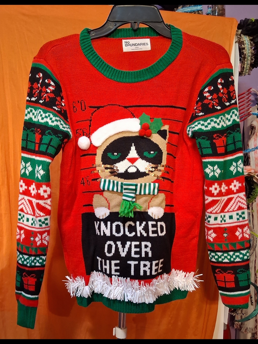 No Boundaries Red & Green Christmas Cat Sweater